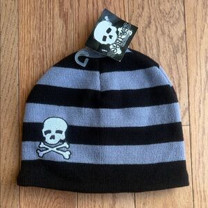 Sourpuss Black and Gray Striped Skull Beanie